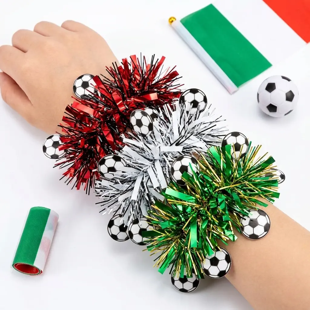 Unisex Round Artificial Wrist Ribbon Bracelet with Metal Tinsel Foil - Soccer Sports Party Accessory, Easy-to-Wear Team Support Photo Prop for Watch Parties