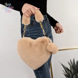 Fluffy Heart Shaped Plush Crossbody Bag | Cute Faux Fur Mini Purse | Gold Chain Strap | Soft Fuzzy Material with Pom Pom Detail | Perfect for Winter Outfits & Date Nights | Kawaii Aesthetic Accessory | Ideal Gift for Her | Lightweight & Portable | Holds P