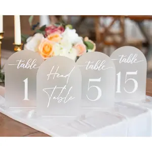 Frosted Arch Acrylic Table Numbers Set 1-15 with Holder Stands & Head Table Sign, 5" x 7" White Font Centerpiece for Wedding Reception, Anniversary, Event and Party Decor