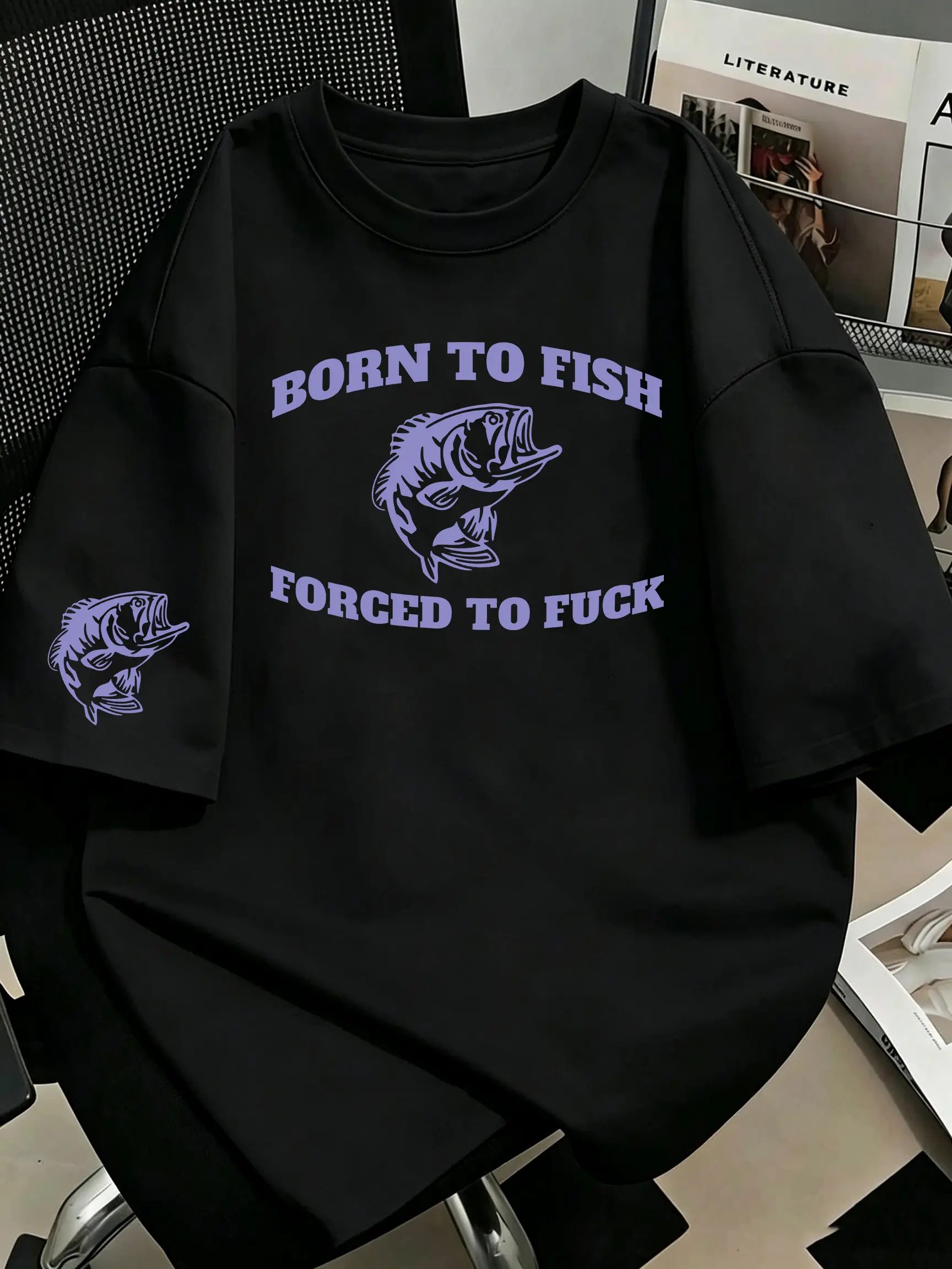 Men's Unisex Born To Fish Bass Silhouette Oversized Cotton Short-Sleeve T-shirt, Streetwear Basic Outdoor Fishing Angler Casual Top