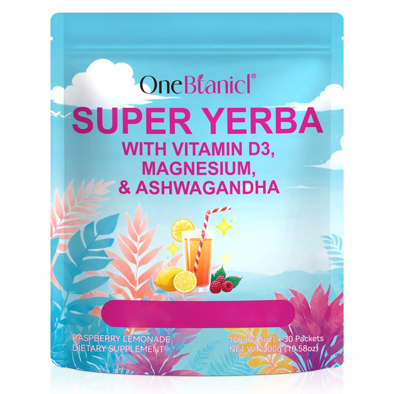 ONEBTANICL Super Yerba Mate Instant Energy Tea Powder Drink Mixes - 30 Packets, Raspberry Lemonade Flavor, Sugar-Free, Vitamin-Infused, 100g Dietary Fitness Beverage, 3-Year Shelf Life, Low-Calorie Health Supplement for Summer campingessentials, Single Se