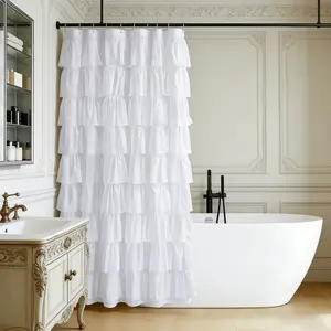 Vintage Ruffled Shower Curtain, 72x72 Inch, Soft Polyester Fiber, Artistic Patchwork Design, Easy Hanging with Eyelets