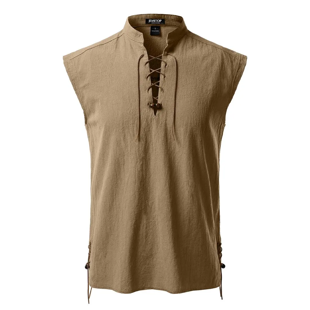 JEMITOP Men's Vintage Cotton Sleeveless Lace-Up Mandarin Collar Shirt, Mens Clothing for Renaissance, Viking Costumes, Renaissance Looking Shirts, Clothes, Casual, Historical/Period, Cosplay Aesthetic, Renaissance Costume Tops