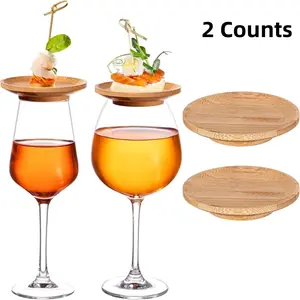 2 Counts Wine Glass Charcuterie Topper Bamboo Round Wine Glass Charcuterie Board Dual Use Cups Topper Appetizer Plates for Christmas Party Family Gatherings Bars Restaurants Wooden Coasters