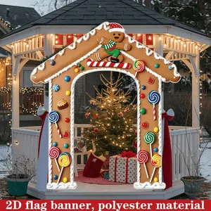 2D FLAT 1count Christmas Gingerbread House Outdoor Banner, Party Decorations Banners, 180x200cm Polyester Fabric with Candy Cane & Gingerbread Man Design, 7 Grommets for Easy Hanging, Ideal for Front Door, Wall, Garden, Yard Decor