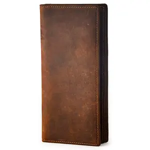 BRASS TACKS Leathercraft Vintage Top Grain Leather Long Wallet for Men Black Cowhide Bifold Wallet Gift Box