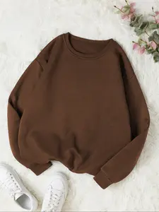 Women's Fall Winter Casual Loose-Fit Round Neck Pullover Sweater Top, Comfortable Solid Color Knitted Long Sleeve Shirt