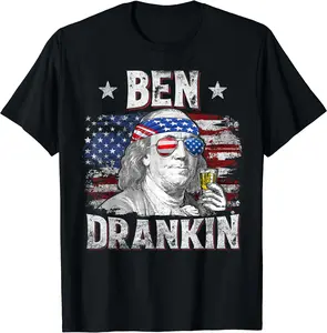 Funny Ben Drankin 4th Of July USA Flag Men Drinking Beer T-Shirt