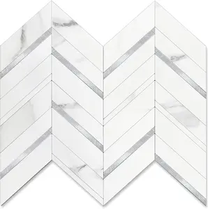10-Sheet Herringbone Tile Peel and Stick Backsplash, White Marble PVC Mixed Metal Stick on Backsplash, Self Adhesive Wall Tile for Kitchen and Bathroom