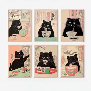 Japanese-style cat wall art and poster sets featuring black cats, Zen-inspired bathroom and food-themed cat designs, minimalist Japanese decor, gifts for cat lovers.