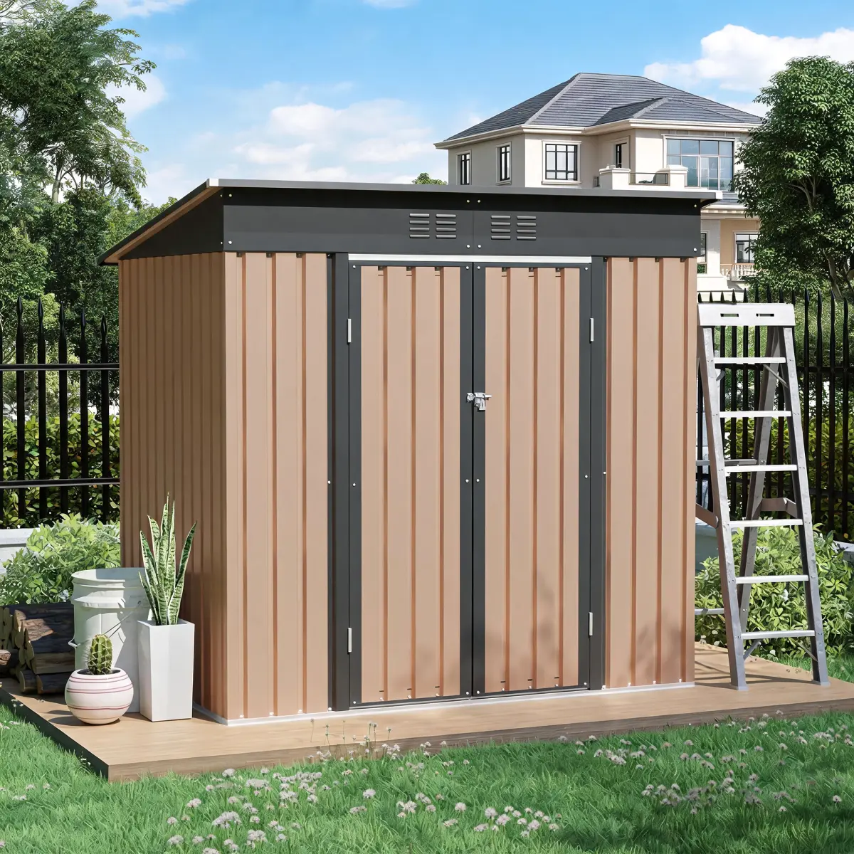6x4 FT Metal Garden Shed  with Hinge Door Pent Roof,Brown Storage Shed for Patio Backyard