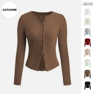 KatchMe Women's Solid Color Button Front Ribbed Cardigan, Casual Long Sleeve Round Neck Knitwear for Fall & Winter, Basic Tops Womenswear
