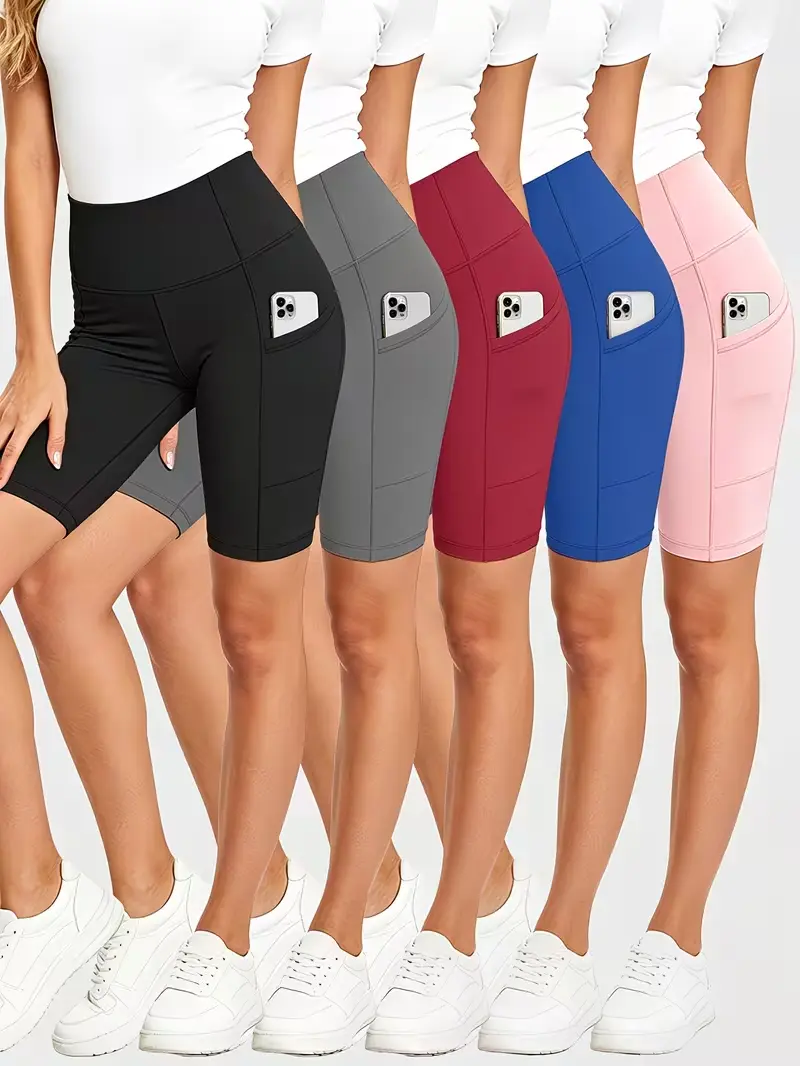 5-Pack Black/Gray/Red/Blue/Pink - Women's 5" High-Rise Tummy & Booty Lift Shorts, 2 Pockets, Dry-Wick, Breathable, Gym/Run.