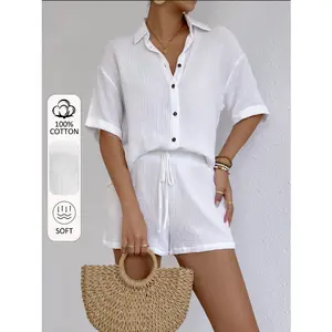 1 set of 100% pure cotton summer casual women's set, loose shirt top comfortable and cool, shorts fit skin
