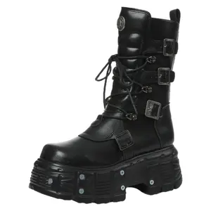 Women's Round Toe Platform Boots Gothic Ankle Strap Chunky Heel Boots Rock Punk Cowboyboot Combatboots Footwear Buckle