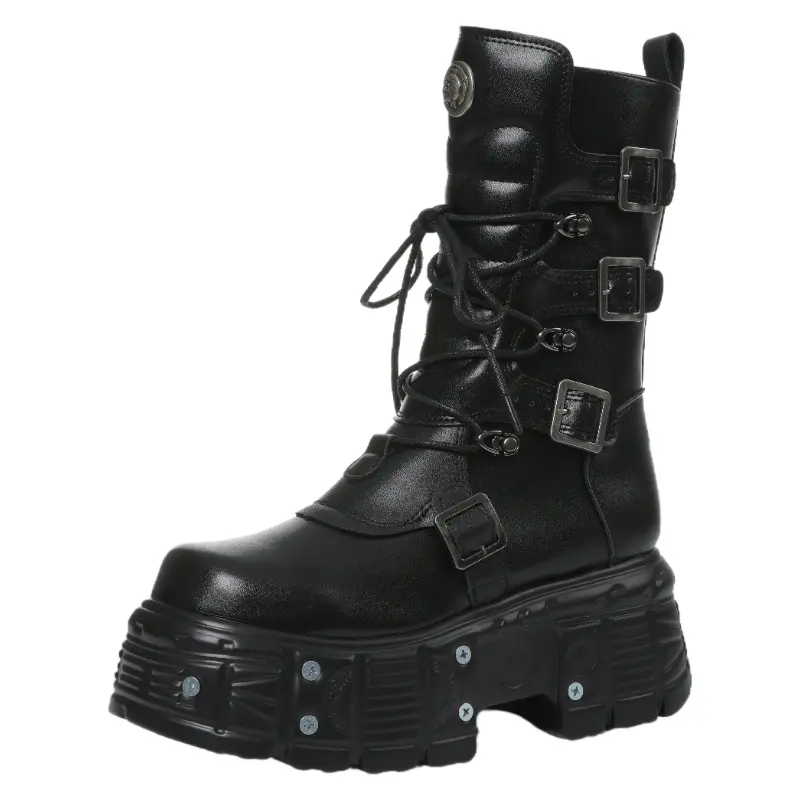Women's Gothic Platform Combat Boots, Plain Chunky Heel Ankle Booties with Lace Up & Buckle Straps, Punk Rock Statement Shoes, Rubber, Rock Wear, Round Toe, Laces, Mid-Calf, Alternative Style, No, Rodeo Outfit Inspo, Western Elegance, Pu Leather, Rubber S