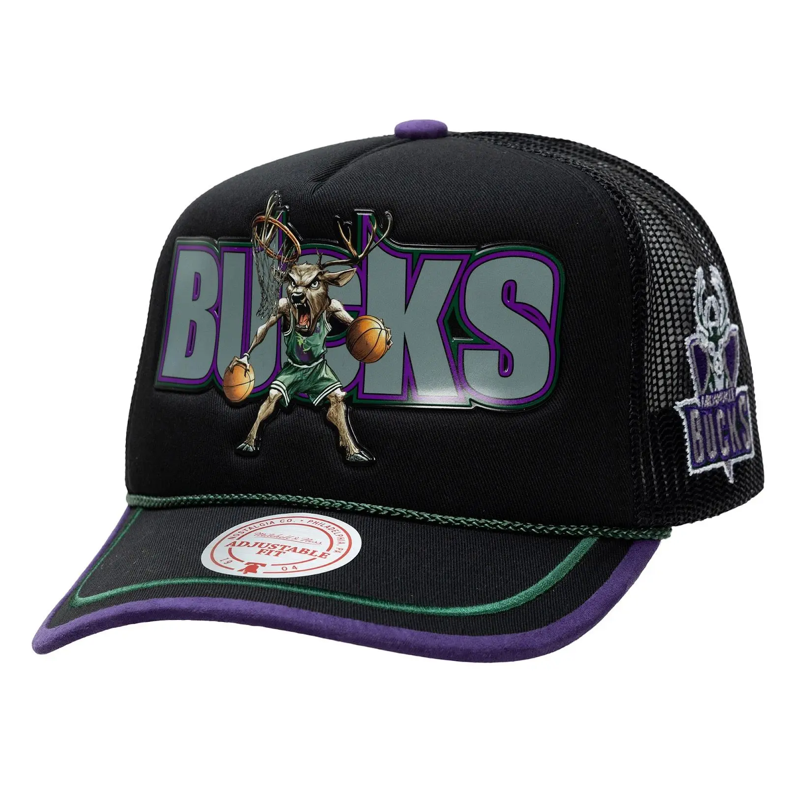 Milwaukee Bucks M&N x LRG Black Hardwood Classics Wild Art Trucker Adjustable Hat NBA Throwback Cap Fan Gear Mitchell & Ness