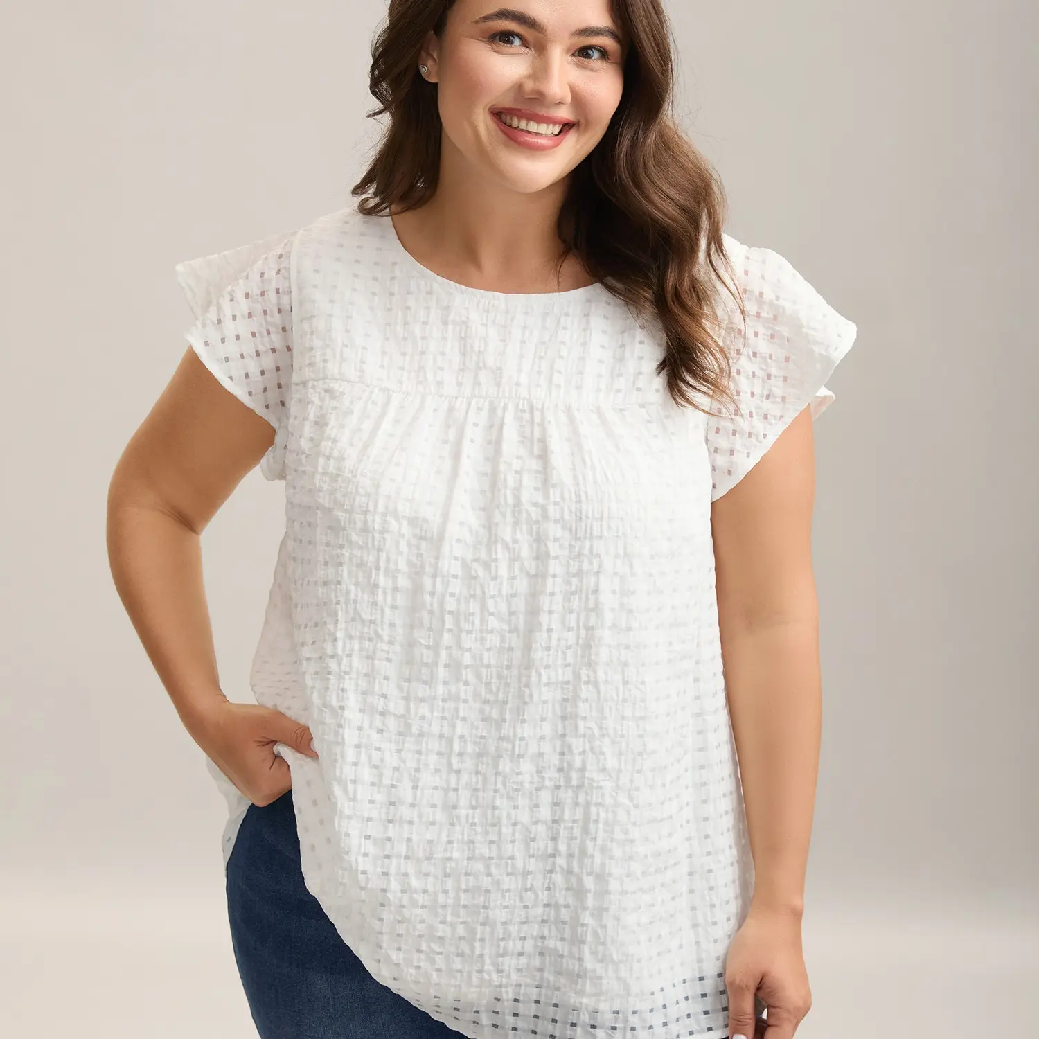 BloomChic Textured Sheer Lined Flutter Sleeve Blouse 【M-6XL】