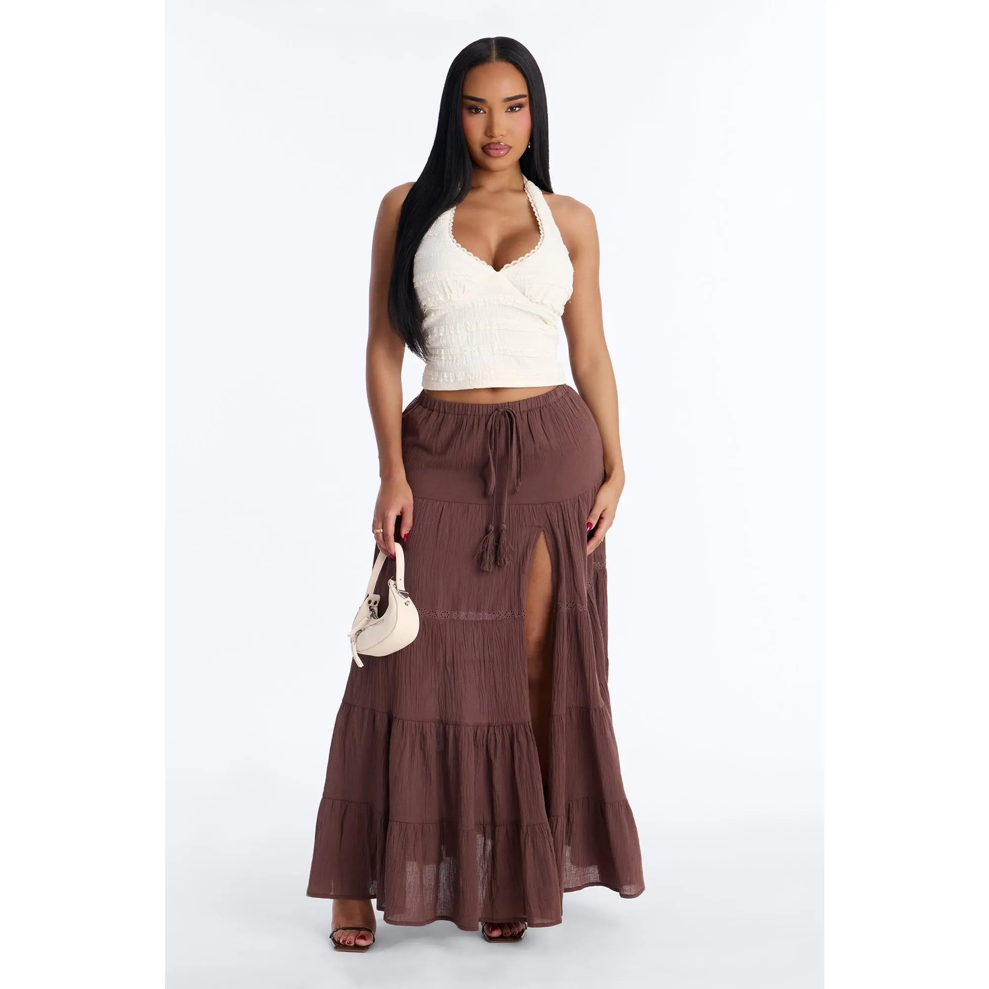 Bohemian High Slit Tiered Gauze Maxi Skirt - Brown