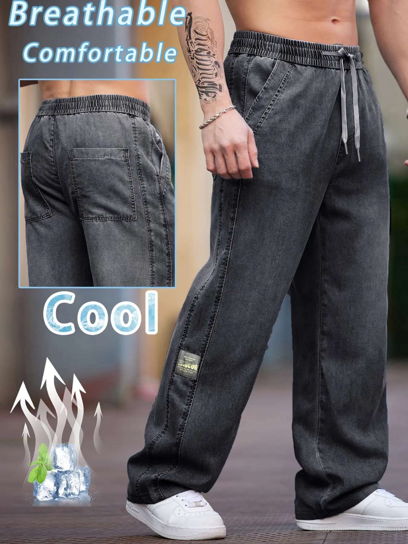 Men's Vintage Washed Denim Jeans, Elastic Drawstring Waist Trouser, Loose Fit Oversized Baggy Casual Streetwear Grey Breathable Pants with Pocket for Spring & Summer, Denim Clothing, Menswear