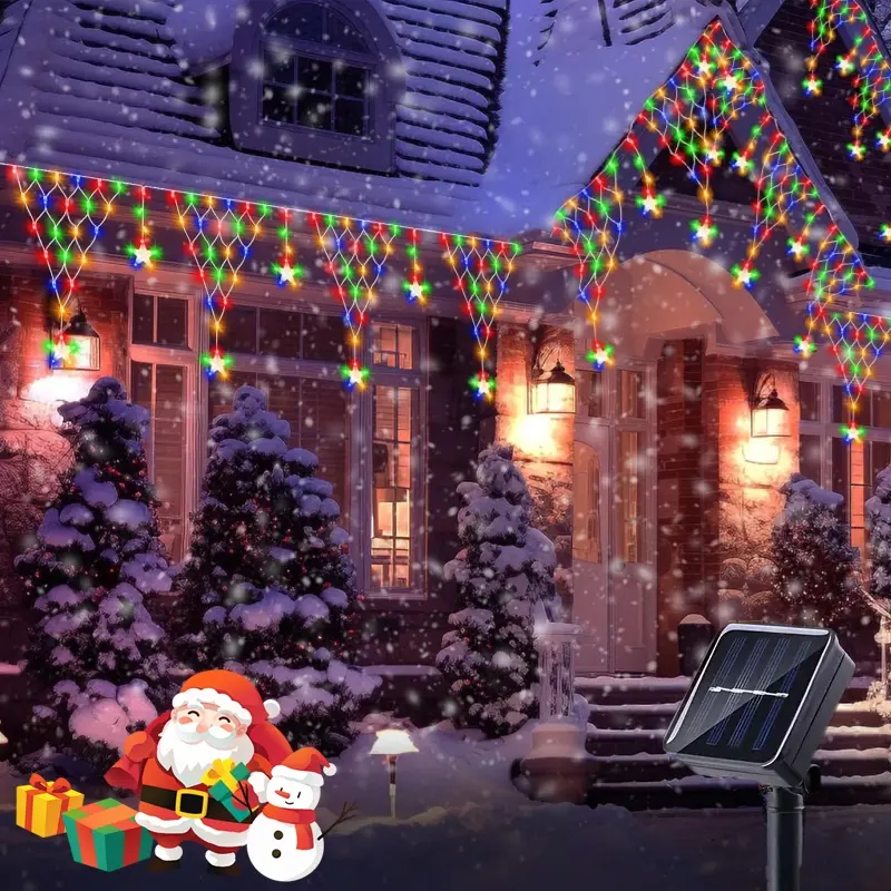 Solar powered triangular mesh snowflake light string, 8-mode, LED holiday decoration light, intelligent light control, suitable for night scene decoration in outdoor courtyards, gardens, eaves, corridors, and commercial districts, Outdoor Solar Lights