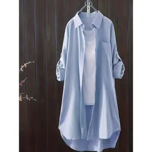 Women’s casual loose linen shirt, long-sleeve solid color blouse, Korean fashion mid-length top, ladies’ clothing for daily wear