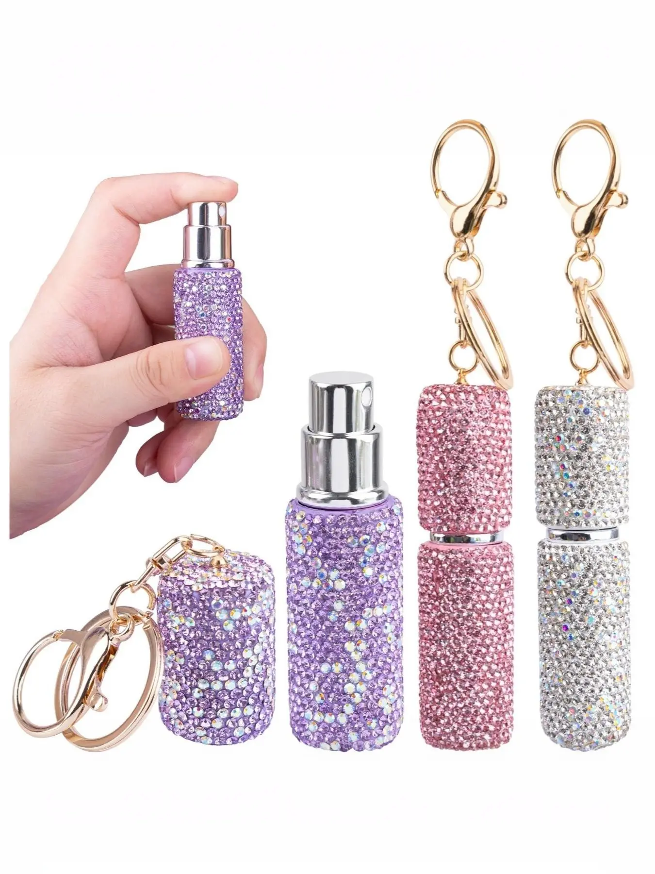 Shiny Rhinestone Perfume Spray Bottle with Stylish Keychain, Bling Bling Keychains, Portable Refillable Travel Mist, Cute Mini Cosmetic Container for Women Girls Wallet Pocket, Keychain for Purse, Stylish Keyring