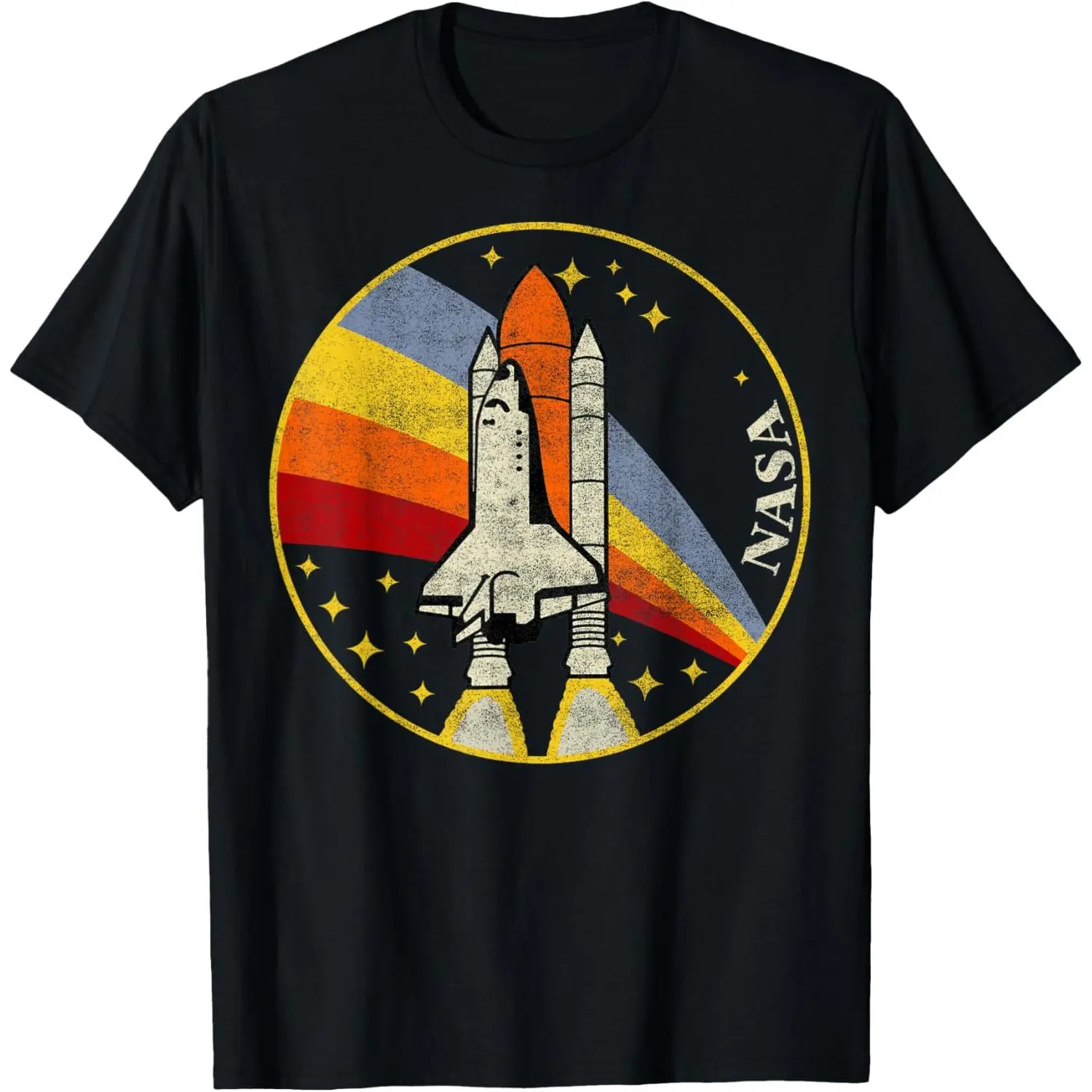NASA Distressed Rainbow Stripe Shuttle Badge Retro Space Astronaut Graphic Round Neck Shortleeve Top, Menswear Streetwear Casual Summer T-Shirt (Black, Unisex Fit)