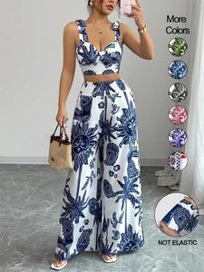 two-piece set women's all over print crop tank top & wide leg pants, boho bohemian sleeveless top & pants for beach holiday vacation, ladies summer clothes, womenswear, summer outfits set women, cute two piece sets