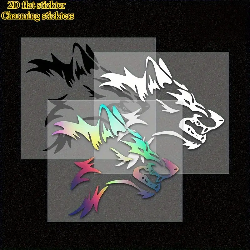 A creative 2D flat sticker showcasing a wild wolf head, suitable for cars, Car Stickers; A personalized reflective sticker suitable for windshields of cars and motorcycles.