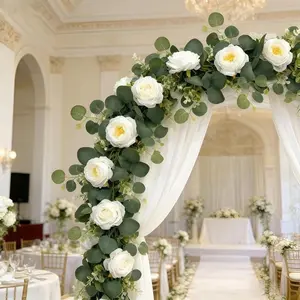 70inch Eucalyptus Rose Wreath, Plastic Flower Vine, Artificial Plant, Realistic Roses, Home Decor, Wedding, Party, Indoor Wall Background