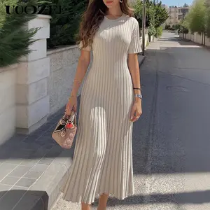 UOOZEE Women's 2026 Spring-Autumn Breathable Polyester-Spandex Cropped Bustier Bodycon Dress - Round Neck, Shortsleeve, Adjustable Tied Waist, Slim-Fit, Elegant Feminine Beach Evening Party Wear (Sizing Runs Small - Check Size Guide or Order Larger)