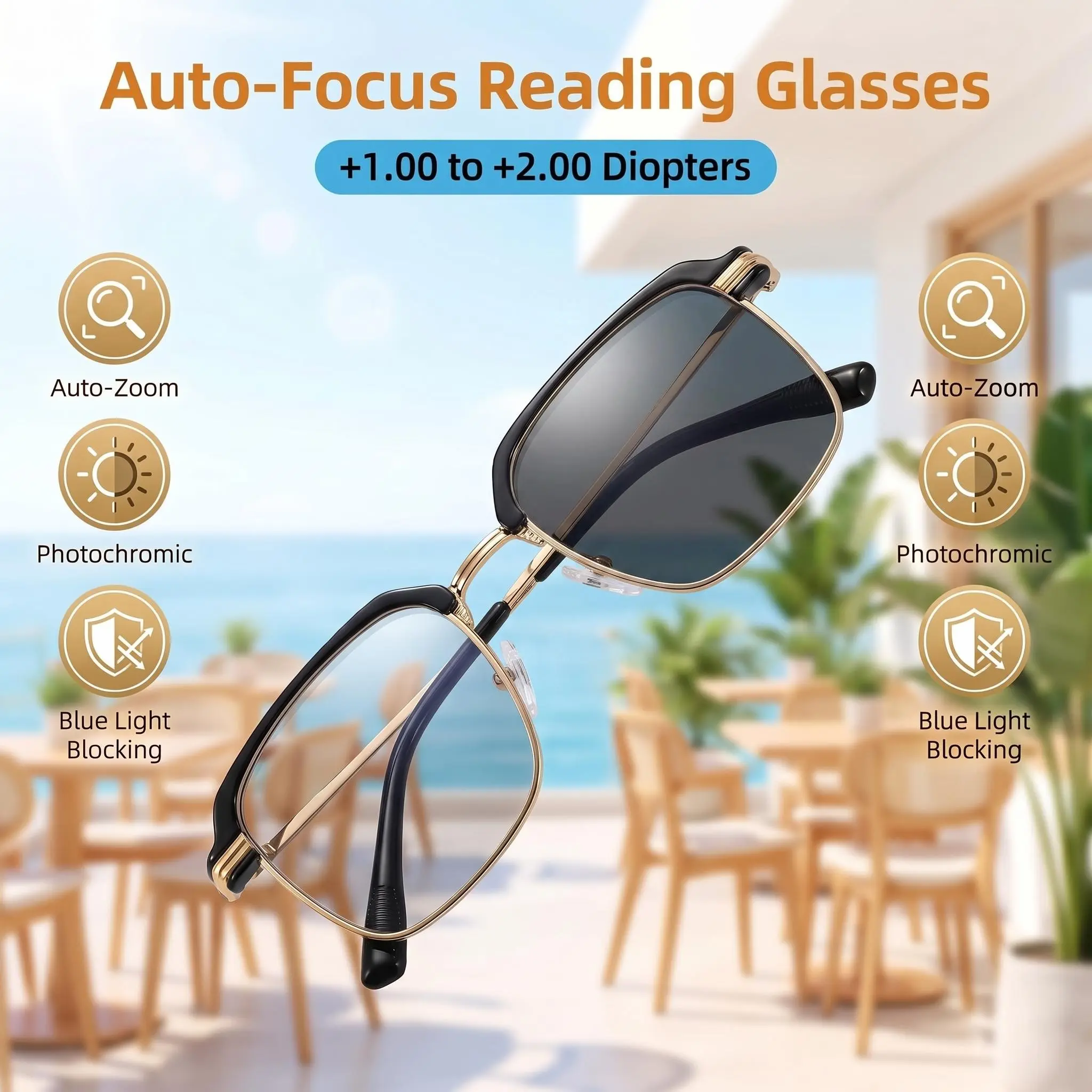 Non-Prescription Smart Auto-Focus Transition Reading Glasses - Blue Light Blocking, UV400 Protection Eyewear Frames