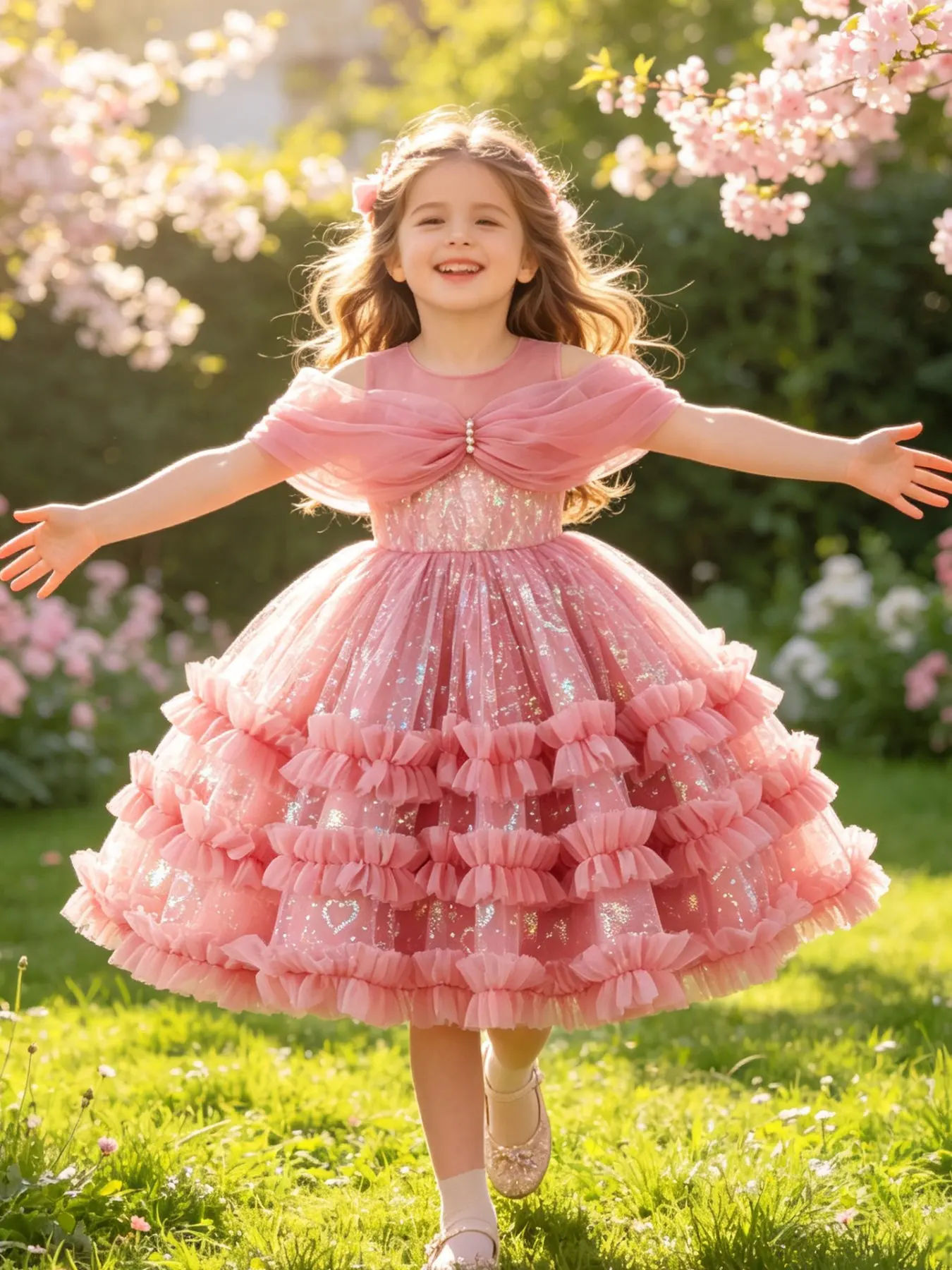 Girls' Princess Dress, Knee-Length Slim-Fit Party Dress, Hearts Pattern, All-Season Elegant Tutu Dress for Festive Events