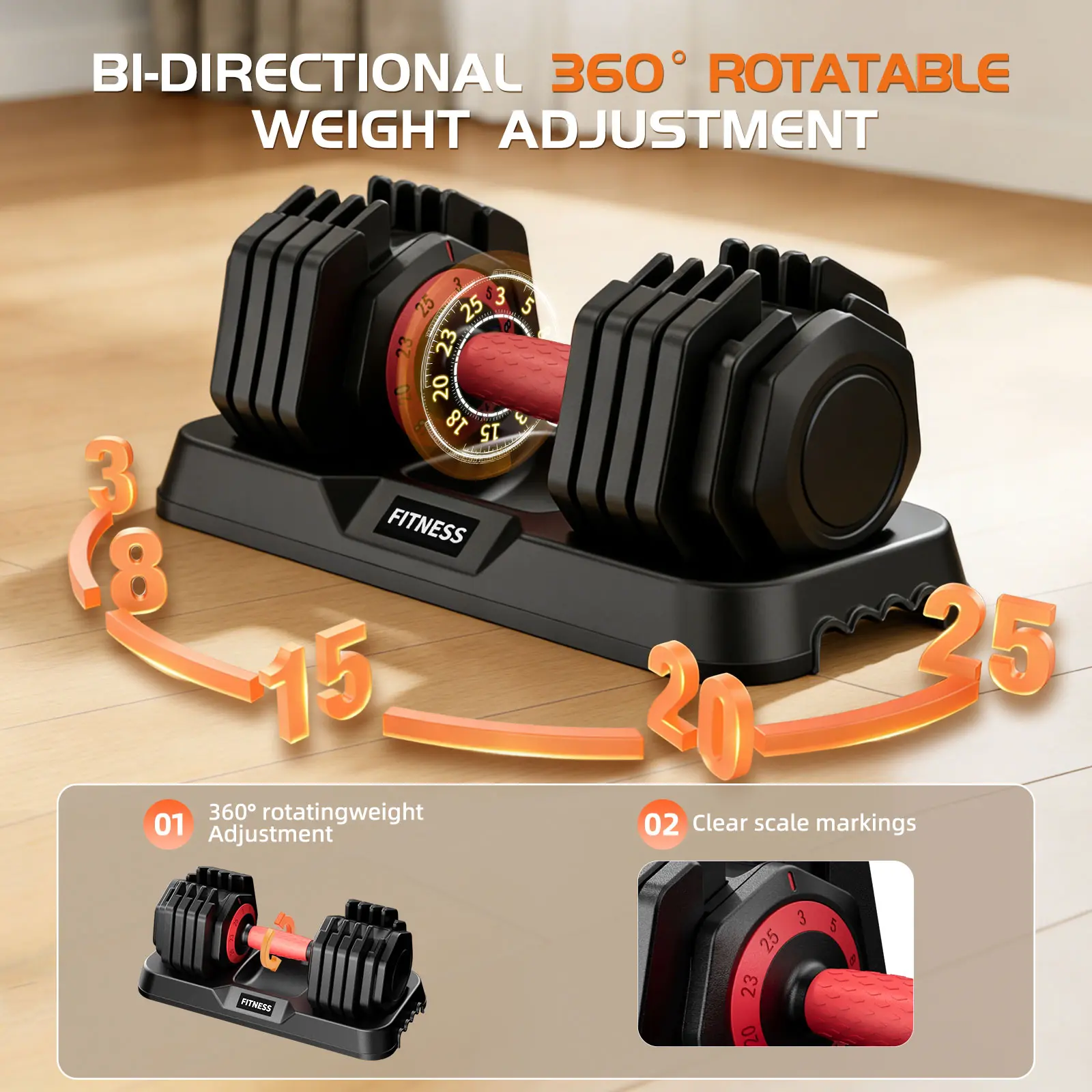 Pair of Self-Adjustable Dumbbells (25LB*2 / 22.9kg Total), 10-Gear Weight Adjustment, 1-Handed Operation, Ergonomic Nylon Grip, Convertible Weight Training Equipment
