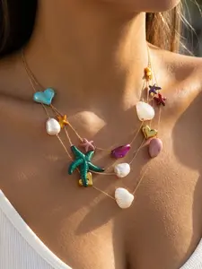 Boho Island Vacation Style Resin Starfish Shell 3-Layer Necklace, Summer Relaxing Jewelry, Trendy Beachwear Accessory