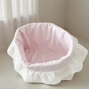 Kawaii Pink Gingham Print Fabric Storage Basket - Lace Trim, Delicate Ruffle Trim, Lightweight Handmade Home Organizer for Desk, Bedroom Vanity Gift