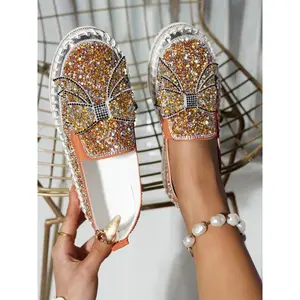 Women’s Outdoor Walking Shoes with Rhinestone Bowknot Design, Durable PU Leather & Rubber Sole, Spring/Fall Casual Style