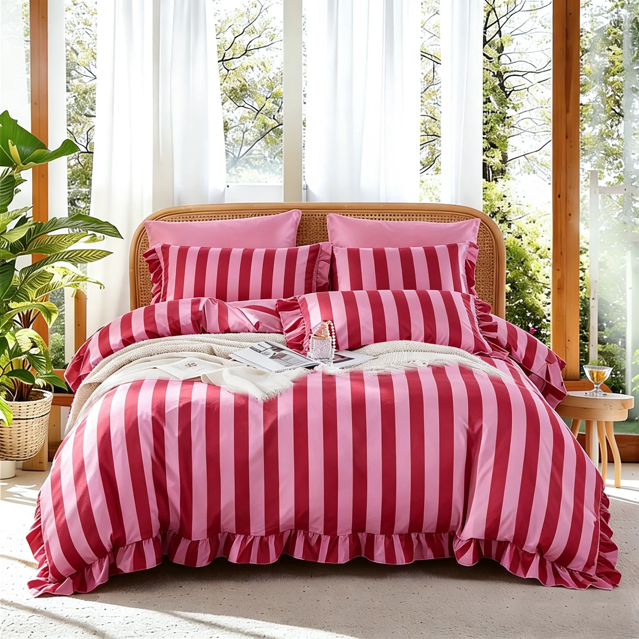 Romantic Ruffle Striped Bedding Set, Includes 1 Duvet Cover + 2 Pillowcases No Insert, Ultra-Soft Skin-Friendly, All Seasons, Elegant Bedroom Decor, Decorative Bedding Set, Ruffled Bedding Set, Soft Bedding Sets