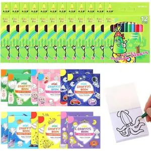 12Pcs Mini Coloring Books with 12 Mini Pencils, 3 x 3 Inches Bulk Minimalist Stress Relief Coloring Book, Pocket Coloring Books Includes Marine Life, Food, Animal, Fairy Tale, Car