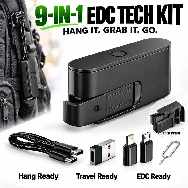 Basemo 9-in-1 EDC Digital Storage Kit: Includes USB-C cable plus USB-A, Lightning, and Micro-USB adapters. Supports 480Mbps data transfer and fast charging; features slots for SIM and microSD cards, plus a built-in stand—ideal for travel and backpack use.