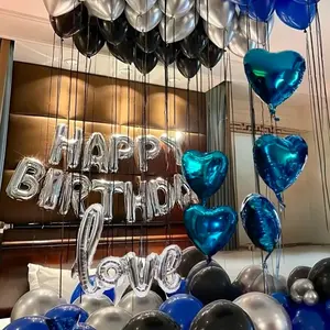 69pcs Blue Silver Happy Birthday Balloon Set | Luxury Elegant Metallic Style | LOVE Letter | For Birthday Party Graduation Celebration Romantic Proposal Anniversary Surprise Gift