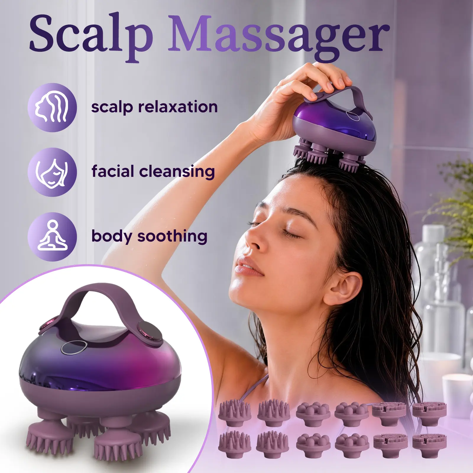 arboleaf 3-in-1 Electric Scalp Massager, IPX7 Waterproof Wet & Dry Head Massager with Interchangeable Heads for Scalp, Face & Body Care,Aurora Amethyst Purple