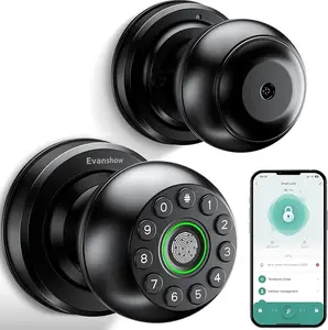 Evanshow Upgrade Wateproof Smart Door Knob, Door Knob with ,Fingerprint Door Locks, Keyless Thumbprint Entry Door Locks for Bedrooms,, Apartment anti-peeping password keypad card ic black matte handle exterior biometric applicable door thickness one-touch