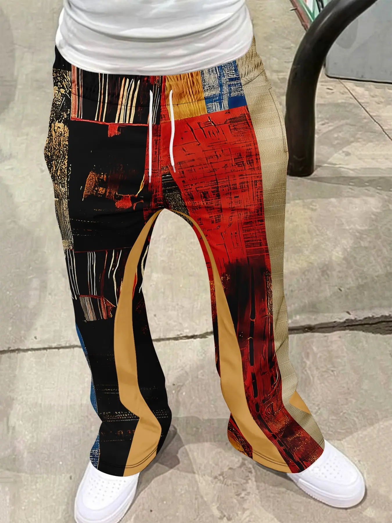 Men's Casual Flared Trousers, Street Fashion Ethnic Print, Slim Fit, Elastic Waist, Drawstring, Y2K Style, All Seasons, Summer & Spring, Casual Streetwear Trousers, Pants, Casual Comfy Pants