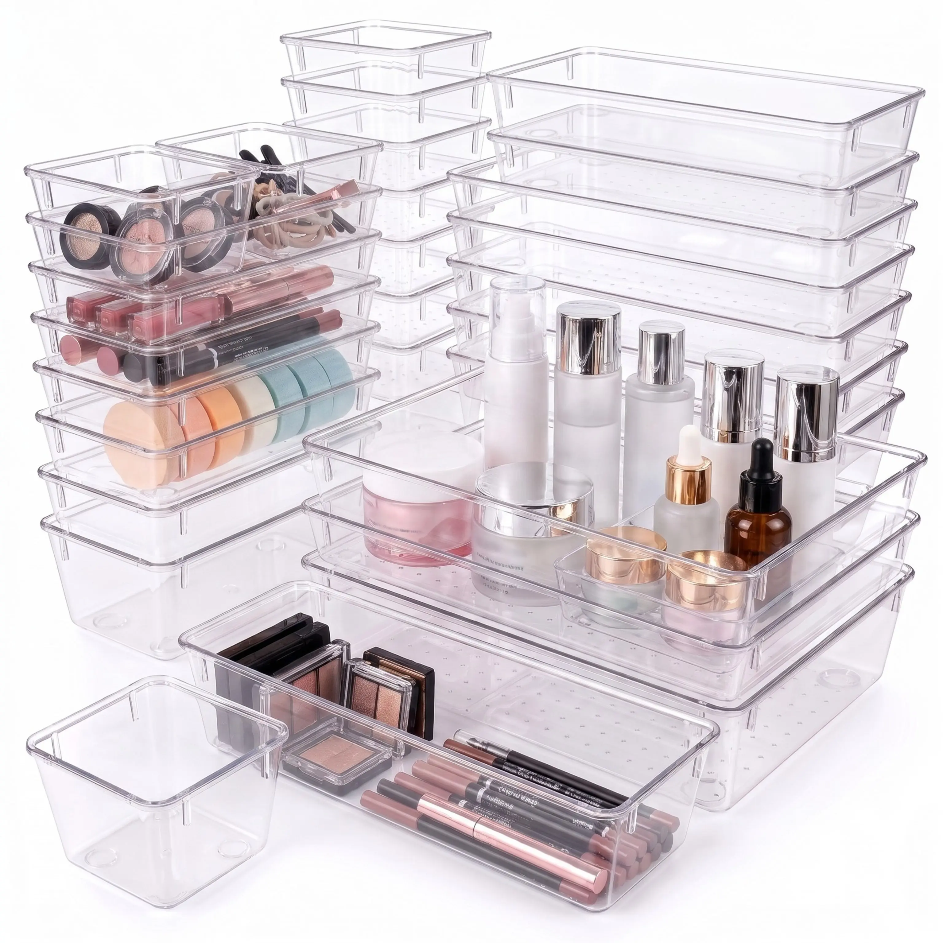 Zanora 25 PCS Clear Plastic Drawer Organizer Set, Drawer Dividers Organizers with 4 Sizes Storage Trays, Bathroom Drawer Organizers Makeup, Vanity Drawer Organizer, Desk & Kitchen Storage Bins