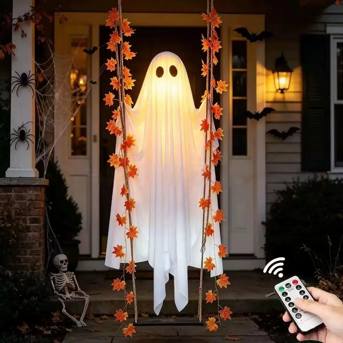 Halloween Day Swinging Ghost Halloween Decoration with LED Light-Up Maple Leaf Garland & Remote Control, Hanging Outdoor Decor for Yd, Porch & Party, Halloween Decorations Outdoor, Party Lighting Decoration