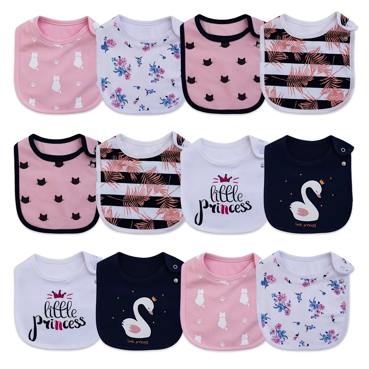12 Pack Unisex Baby Bibs – Soft Absorbent Cotton Feeding Bibs with Adjustable Snap, Drool & Teething Protection, Essential Infant Accessories for Boys & Girls Organic Set bibs