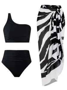 Three-piece Set Women's Ruched Bikini Set, Casual Solid Asymmetrical Hem Bikini Swim Top & Swim Panty & Zebra Stripe Print Cover Up Skirt Set, Ladies Swimsuit for Beach Holiday Vacation, Bikini Swimsuits, Back Bikini Set