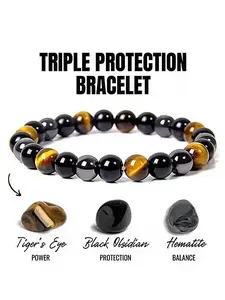 Triple Protection Bracelet, Brings Good Luck, Prosperity, Balance, Hematite, Obsidian, Tiger Eye Stone, Stone Bracelet versatile design, suitable for wearing at any time, self-healing jewelry, gift for friends Mens Bracelet Tige